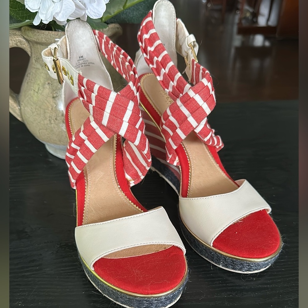 Brand New Sperry Red & White Platform Espadrille Wedge Sandals Nautical Style 9M